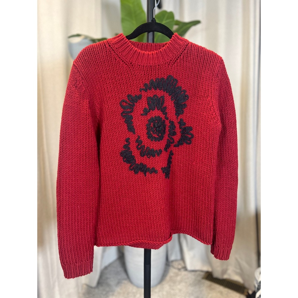 Sarah Spencer Red Wool Blend Chunky Knit Embroidered Floral Sweater Small